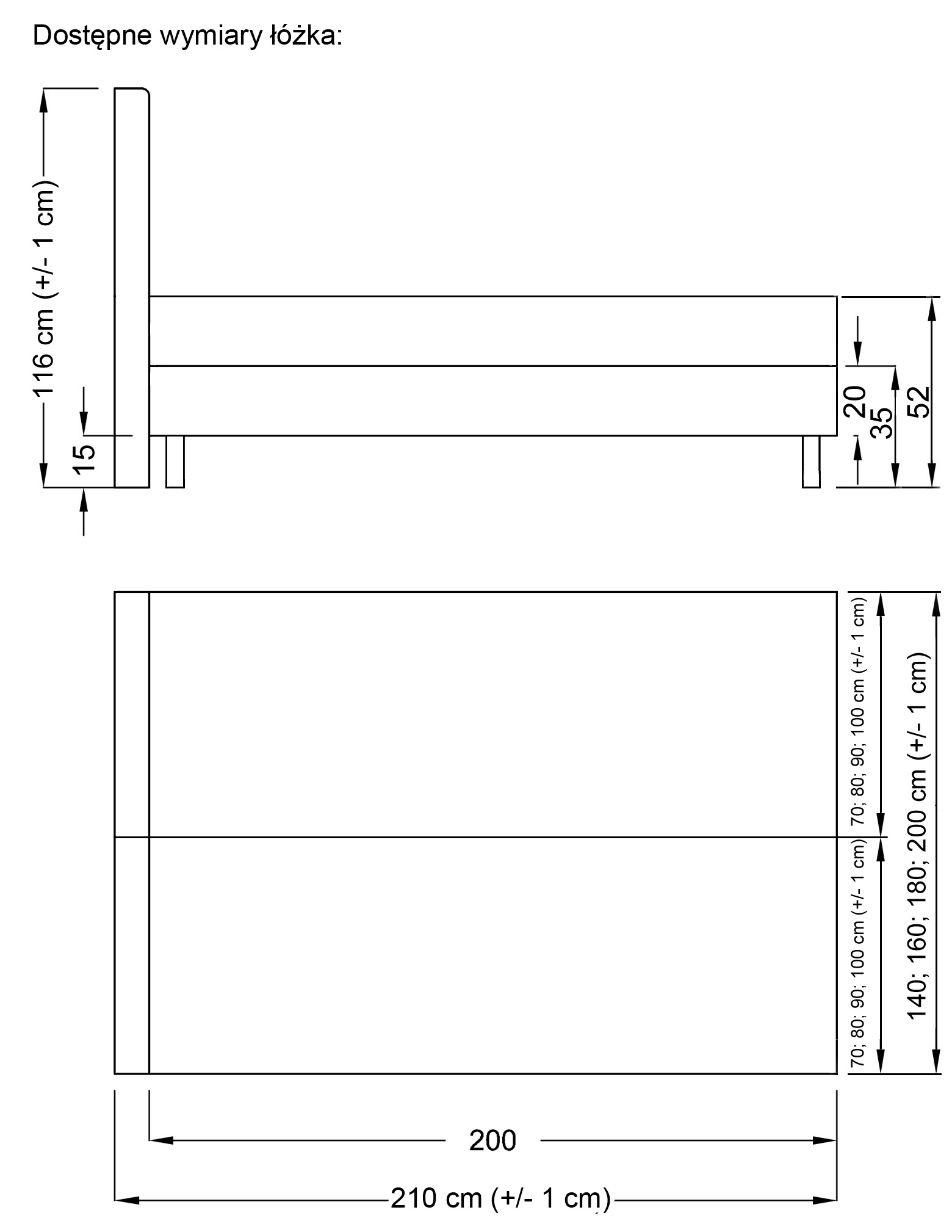 Łóżko kontynentalne 200x160 cm - wymiary